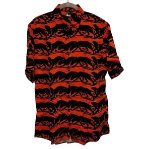 NWT The Kooples Wild Panther Red Orange & Black Short Sleeve Button Up Top